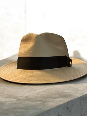 Wide-Brim Straw Fedora Hat with Black Band